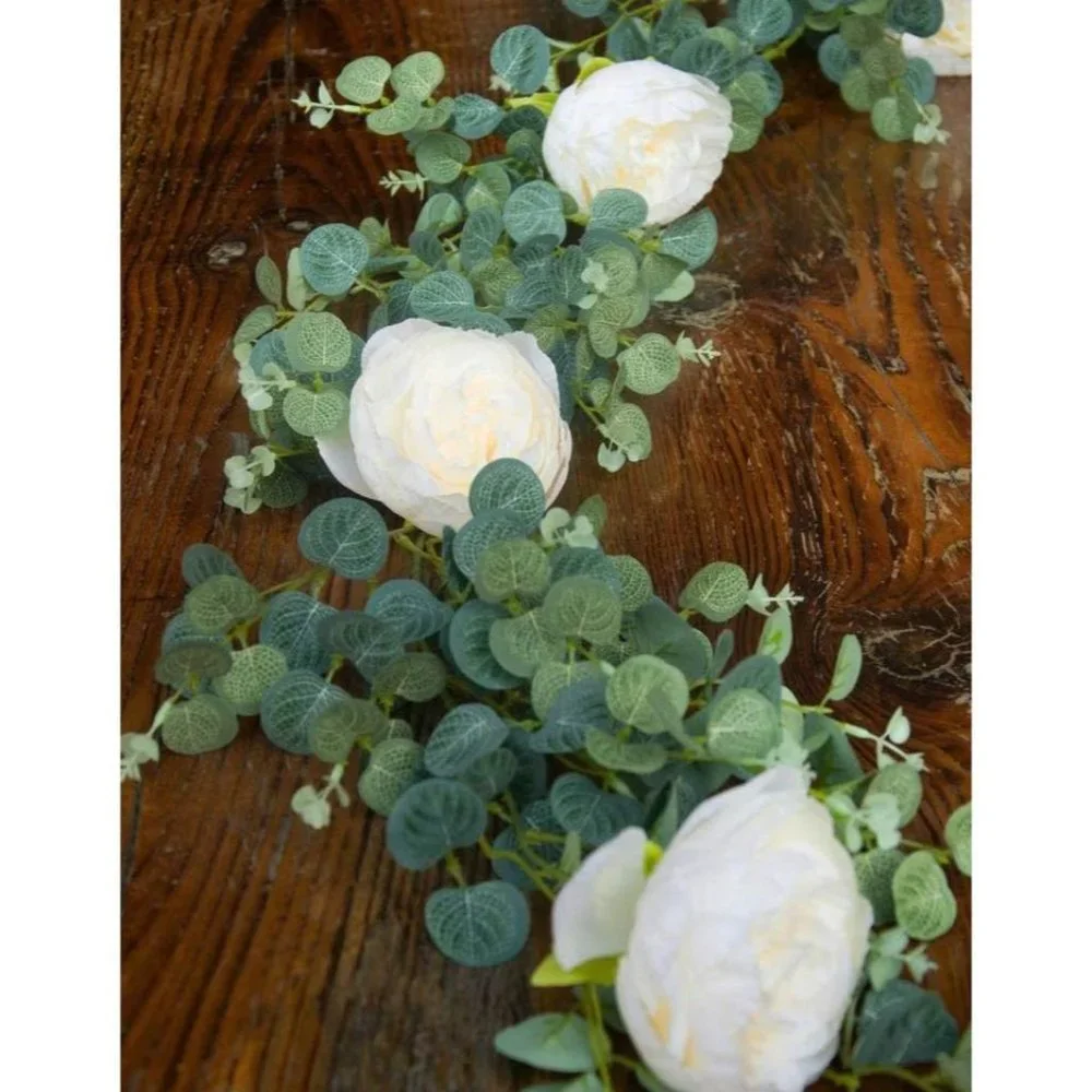 Hanging Eucalyptus Garland with 6 Ivory Champagne Roses Vine Flower Decor ~ NEW